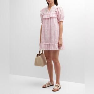 Stellah Eyelet Trimmed Split-Neck Mini Dress Pink M
